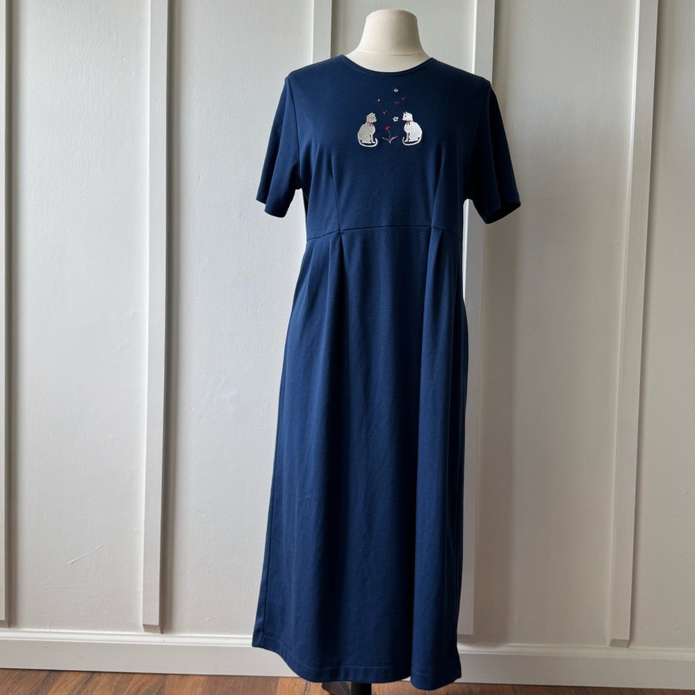 Vintage Blair Cat Embroidered Navy Midi‎ Dress Size Medium